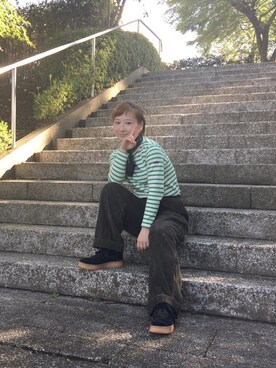 「古着のアイテム（Tops、グリーン系）」を使った、OLUBOBOさん（レディース・154cm）の秋コーディネート