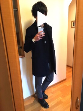 「ダニエルウェリントン」｜「アイテム（チェスターコート）」を使った、ふくちゃんさん（メンズ・175cm）の冬コーディネート