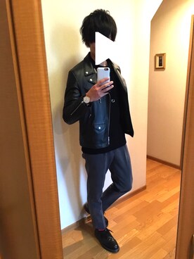 「ダニエルウェリントン」｜「アイテム（ライダースジャケット）」を使った、ふくちゃんさん（メンズ・175cm）の冬コーディネート