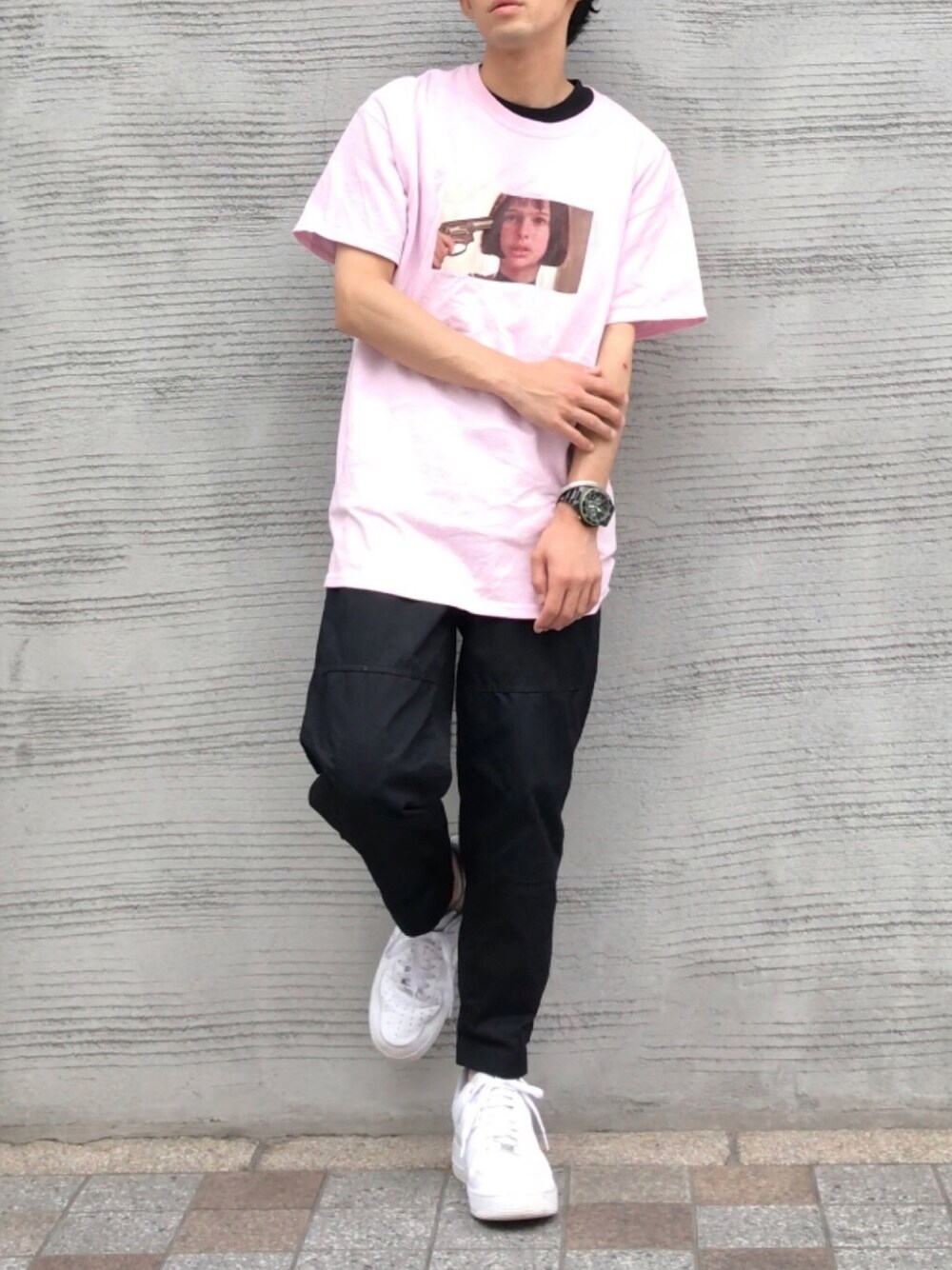 「今日のコーデ、春夏コーデ、ビックシルエット、ストリート、ootd、ラクチンコーデ、NIKE」｜「MAYBE TODAY NYCのアイテム（Tシャツ/カットソー、ピンク系）」を使った、TogAさん（メンズ・165cm）の夏コーディネートの1枚目の写真