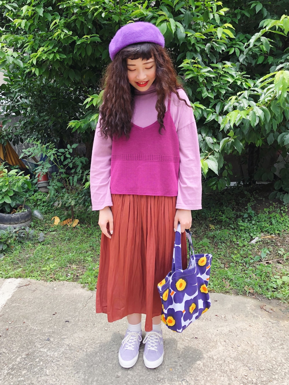 「ootd、marimekko、converse、onestar、niko and ...、紫色穿搭、古着、古着MIX」｜「niko and...のアイテム（トップス、その他）」を使った、三皮三皮さん（レディース・158cm）の春コーディネートの1枚目の写真