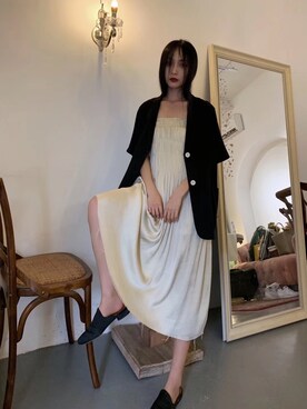 「淘宝店铺搜索：夏目 Virgoのアイテム（テーラードジャケット、ブラック系）」を使った、肉酱-姐姐さん（レディース）の夏コーディネート