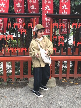 「AMERICAN HOLIC（アメリカンホリック）の耳あて付きキャップ（キャップ、グリーン系）」を使った、あやてぃんさん（レディース・156cm）の秋コーディネート