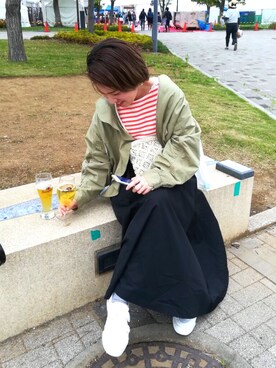 「MERLOT（メルロー）のアイテム（ノーカラージャケット、グリーン系）」を使った、あやてぃんさん（レディース・156cm）の春コーディネート