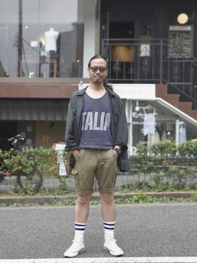 「アイテム（メガネ）」を使った、草野 明郎さん（メンズ・179cm）の夏コーディネート