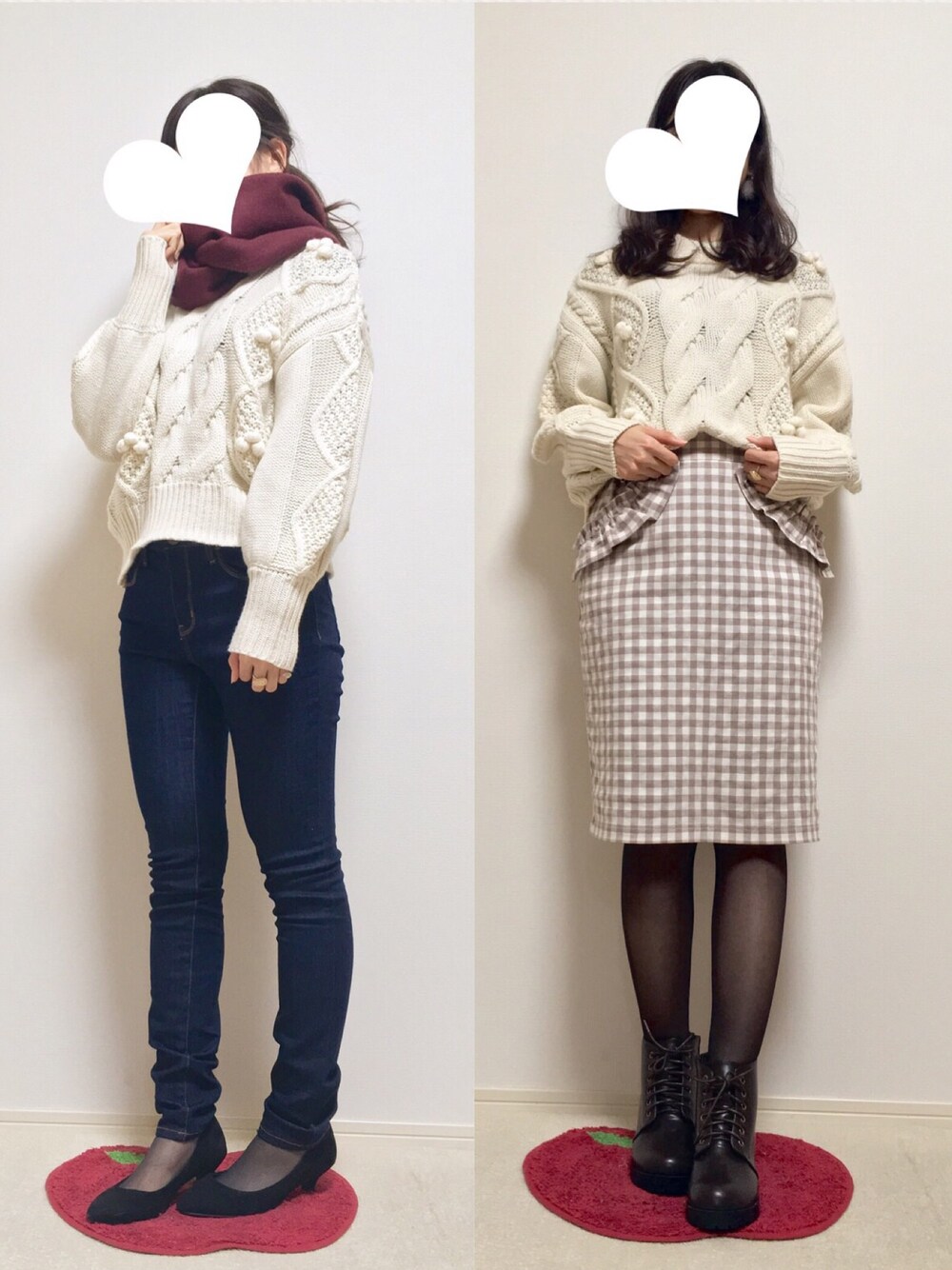 ホワイト系のニット/セーター、ブルー系のデニムパンツ、ベージュ系のスカートを着用したレディースの冬コーディネートの1枚目の写真