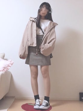 「ミニスカート」｜「アイテム（マウンテンパーカー）」を使った、k i n a *さん（レディース・161cm）の冬コーディネート