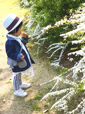「PLAIN CLOTHING（プレーンクロージング）のアイテム（バッグ）」を使った、memimemimiさん（キッズ・90cm）の春コーディネート