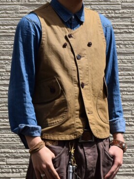 「Pherrow's（フェローズ）のアイテム（ベスト）」を使った、Hさん（メンズ・174cm）の春コーディネート