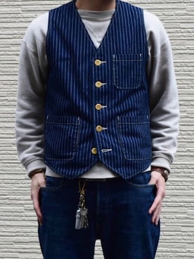 「Pherrow's（フェローズ）のアイテム（ベスト）」を使った、Hさん（メンズ・174cm）の春コーディネート