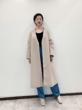 「サテンパンツ」｜「アイテム（ノーカラージャケット）」を使った、カン JTさん（レディース・170cm）の冬コーディネート