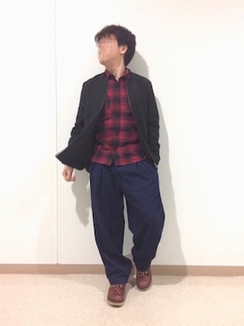 「ネルシャツ」｜「アイテム（ノーカラージャケット）」を使った、jawaさん（メンズ・165cm）の秋コーディネート
