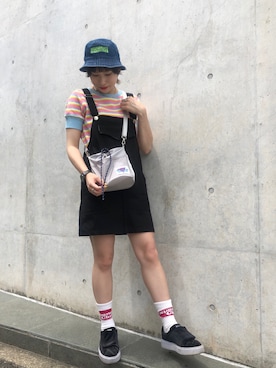 「MILKFED.（ミルクフェド）のアイテム（オールインワン・サロペット）」を使った、神谷 晶紀子さん（レディース・158cm）の夏コーディネート