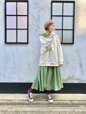 「MILKFED.」｜「アイテム（ハンチング/ベレー帽）」を使った、神谷 晶紀子さん（レディース・158cm）の春コーディネート