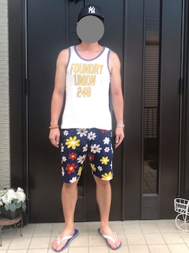 「アイテム（サンダル、ブルー系）」を使った、libertavillamark2さん（メンズ・181cm）の夏コーディネート