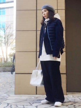 「ストライプパンツ」｜「アイテム（ライダースジャケット）」を使った、ワニコさん（レディース・163cm）の冬コーディネート