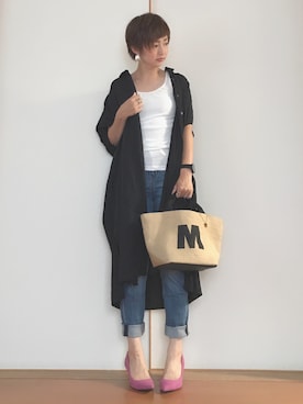 「UNIQLO（ユニクロ）のリネンブレンドロングシャツ（半袖）（シャツ/ブラウス）」を使った、chiroruᵕ̈*さん（レディース・152cm）の夏コーディネート