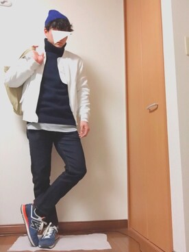 「ネイビー×ホワイト」｜「アイテム（ミリタリージャケット）」を使った、しんちゃんさん（メンズ・171cm）の冬コーディネート