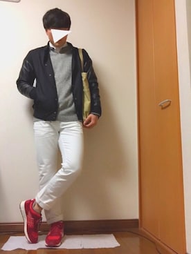 「グレーニット」｜「アイテム（ブルゾン）」を使った、しんちゃんさん（メンズ・171cm）の冬コーディネート