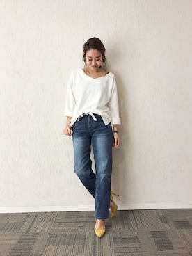 「M.deux（エムドゥ）のアイテム（デニムパンツ）」を使った、miyaさん（レディース・155cm）の春コーディネート