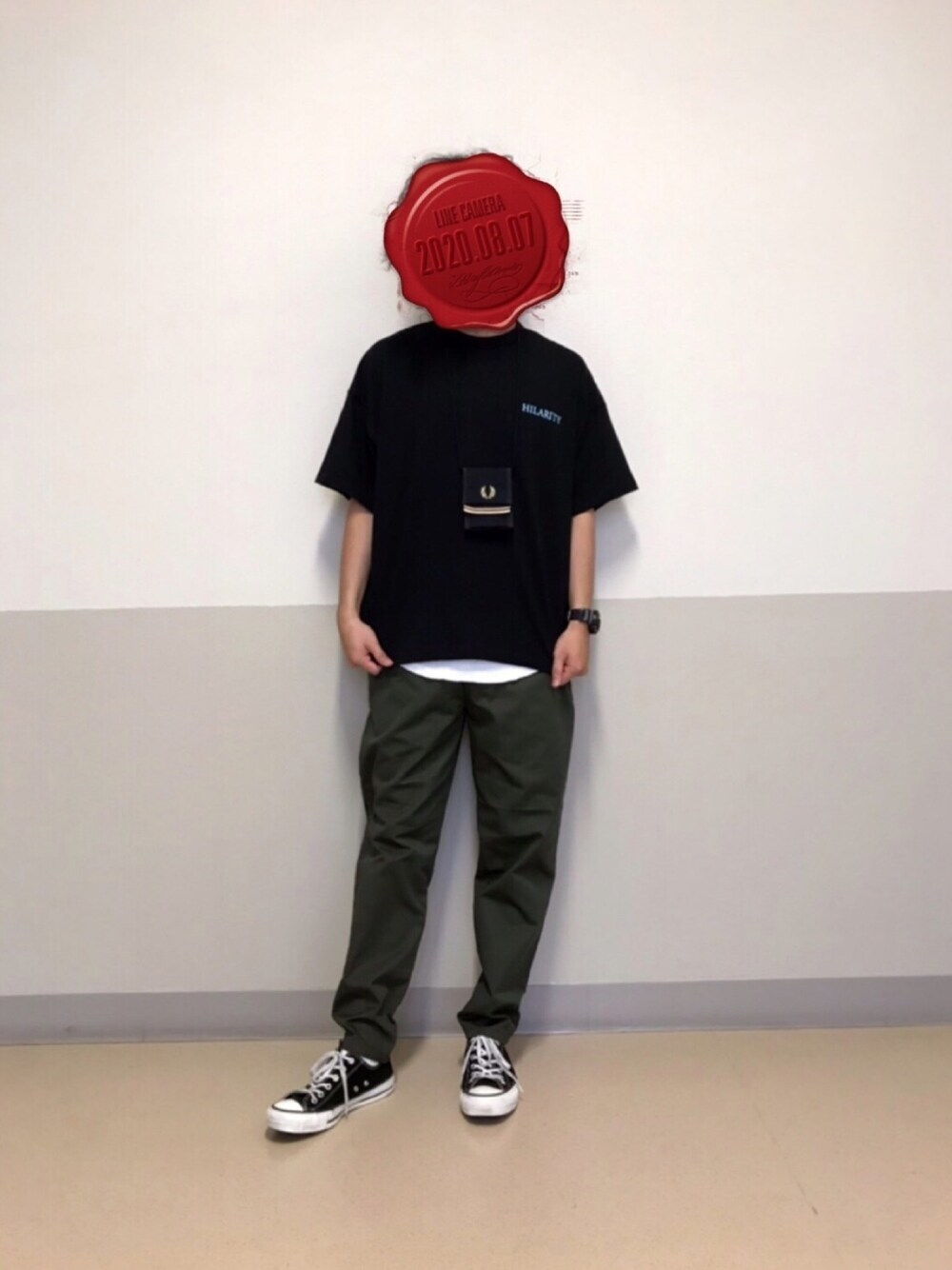 「WEGO、ビッグシルエット、ロゴT、シェフパンツ、おっさん」｜「WEGOのWEGO/レトロロゴビッグシルエット半袖Tシャツ（Tシャツ/カットソー、ブラック系）」を使った、山田 翔平@相互さん（メンズ・170cm）の夏コーディネートの1枚目の写真