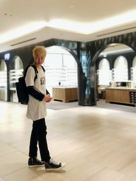 「RAWLIFE（ロウライフ）のERMANNO GALLAMINI/エルマノ ガラミニ/"AGE" print t-shirts（Tシャツ/カットソー）」を使った、MKさん（メンズ・175cm）の夏コーディネート