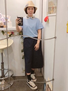 「GU（ジーユー）のアイテム（パンツ、ブルー系）」を使った、Kaさん（レディース・157cm）の夏コーディネート