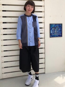 「FRAPBOIS（フラボア）のジェームッシュ⑦（シャツ/ブラウス、ブルー系）」を使った、Kaさん（レディース・157cm）の秋コーディネート