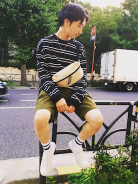 「アイテム（ボディバッグ/ウエストポーチ）」を使った、黒坂学さん（メンズ・171cm）の夏コーディネート