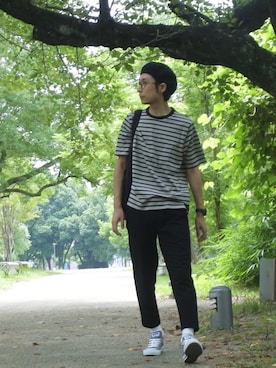 「アンクルパンツ」｜「アイテム（ハンチング/ベレー帽）」を使った、BT4.0さん（メンズ・173cm）の夏コーディネート