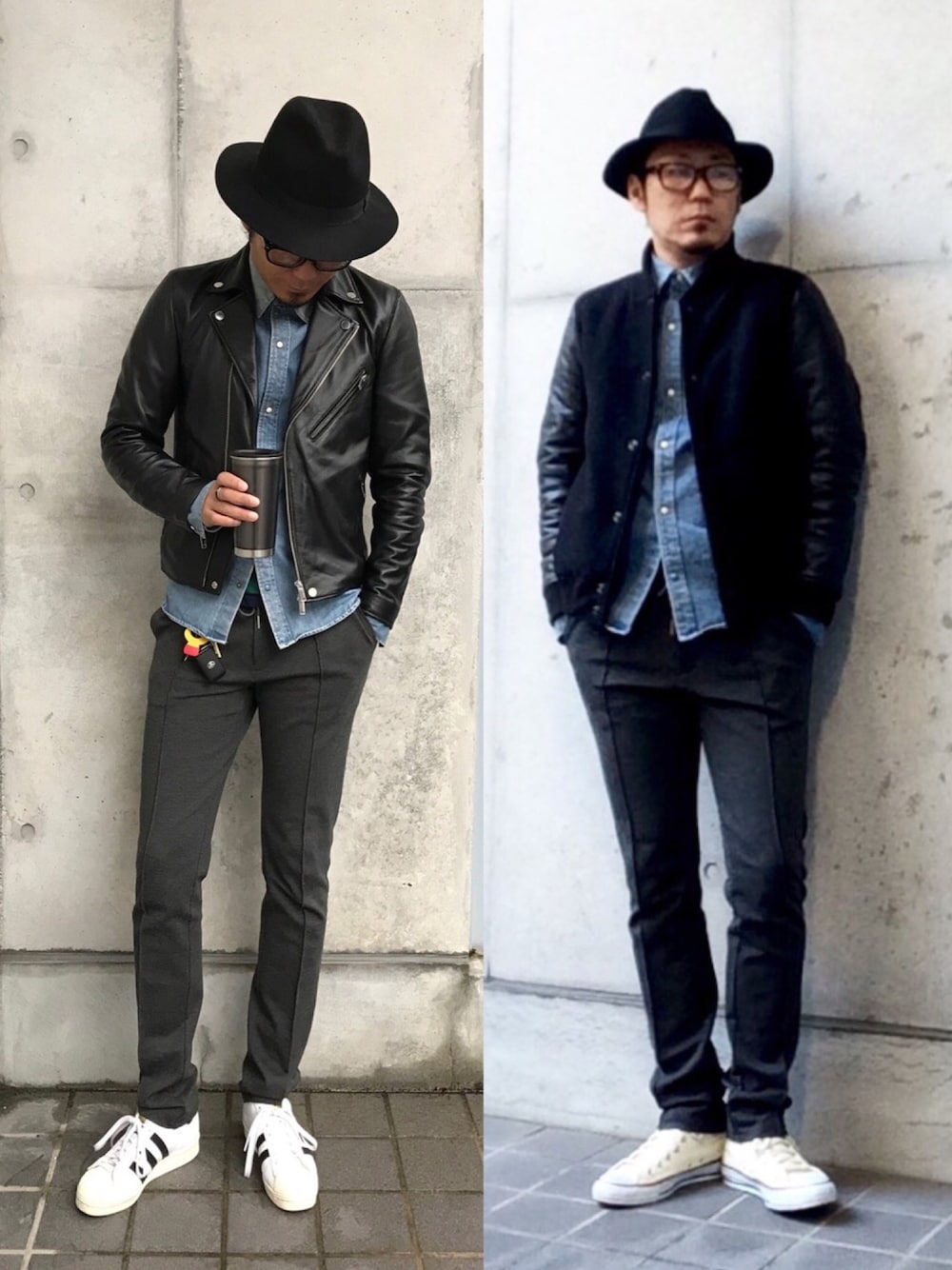 ブラック系のライダースジャケット、ブラック系のスタジャン、ブルー系のシャツ/ブラウスを着用したメンズの秋コーディネートの1枚目の写真