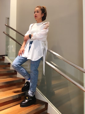 「DIESEL（ディーゼル）の00SBKQ0KARY（ニット/セーター、ホワイト系）」を使った、MIHOさん（レディース・163cm）の春コーディネート