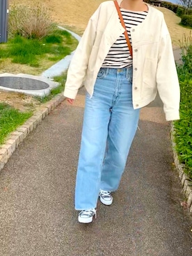 「GU（ジーユー）のアイテム（ノーカラージャケット）」を使った、すずもんさん（レディース・163cm）の春コーディネート