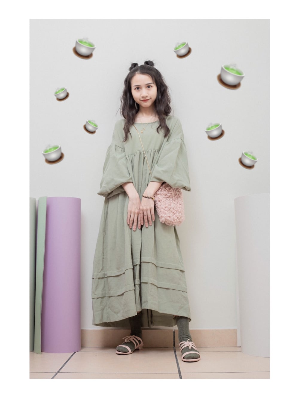 「ゆるコーデ、ワンピース、ロングスカート、パジャマ風、低身長」｜「elimstudioのアイテム（ワンピース/ドレス、グリーン系）」を使った、鳗鳗さん（レディース・153cm）の春コーディネートの1枚目の写真