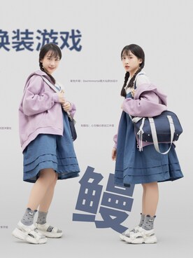「休闲」｜「アイテム（ジャンパースカート）」を使った、鳗鳗さん（レディース・153cm）の秋コーディネート