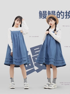「休闲」｜「アイテム（ジャンパースカート）」を使った、鳗鳗さん（レディース・153cm）の秋コーディネート