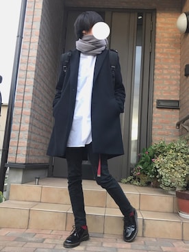 「靴下チラ見せ」｜「アイテム（チェスターコート）」を使った、ゆーきさん（メンズ・168cm）の冬コーディネート