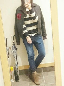 「サルエルデニム」｜「アイテム（スタジャン）」を使った、aRisA♡さん（レディース・165cm）の冬コーディネート