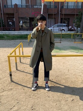 「アイテム（ステンカラーコート）」を使った、みっちーさん（メンズ・173cm・20代）の冬コーディネート