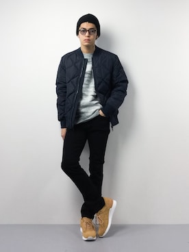 「Champion（チャンピオン）のアイテム（ニットキャップ/ビーニー）」を使った、ryuto irieさん（メンズ・177cm）の冬コーディネート