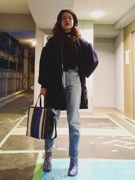 「UNUSED」｜「アイテム（その他アウター）」を使った、isakiさん（レディース・158cm）の冬コーディネート