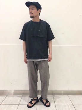 「green label relaxing（グリーンレーベルリラクシング）のアイテム（帽子）」を使った、坂本裕太さん（メンズ・168cm）の夏コーディネート