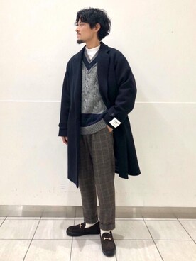 「green label relaxing（グリーンレーベルリラクシング）のアイテム（チェスターコート）」を使った、坂本裕太さん（メンズ・168cm）の秋コーディネート