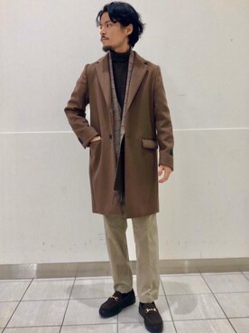 「green label relaxing（グリーンレーベルリラクシング）のアイテム（チェスターコート）」を使った、坂本裕太さん（メンズ・168cm）の秋コーディネート