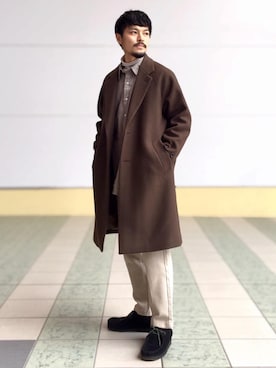 「green label relaxing（グリーンレーベルリラクシング）のアイテム（チェスターコート）」を使った、坂本裕太さん（メンズ・168cm）の秋コーディネート