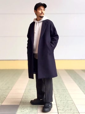 「green label relaxing（グリーンレーベルリラクシング）のアイテム（チェスターコート）」を使った、坂本裕太さん（メンズ・168cm）の秋コーディネート