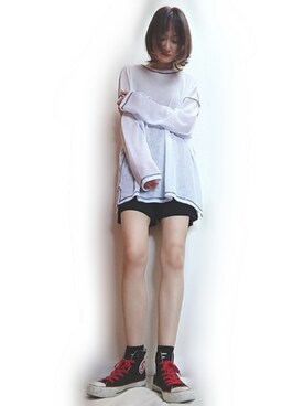 「CONVERSE（コンバース）のCONVERSE / ALL STAR POPS HI（スニーカー、ブラック系）」を使った、星✰*ﾟさん（レディース・164cm）の春コーディネート