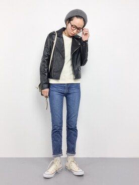 「ADAM ET ROPE'（アダムエロペ）のアイテム（ライダースジャケット）」を使った、COLLENTE(yuco)さん（レディース・168cm）の冬コーディネート