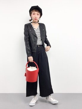 「ラフスタイル」｜「アイテム（ライダースジャケット）」を使った、COLLENTE(yuco)さん（レディース・168cm）の冬コーディネート