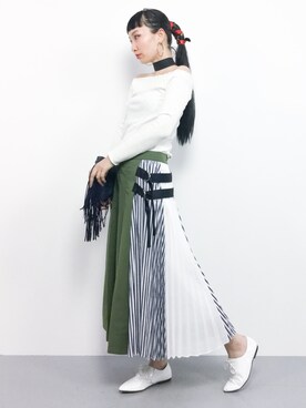 「Ungrid（アングリッド）のスラブテレコオフショルロングスリーブTee（Tシャツ/カットソー）」を使った、COLLENTE(yuco)さん（レディース・168cm）の春コーディネート